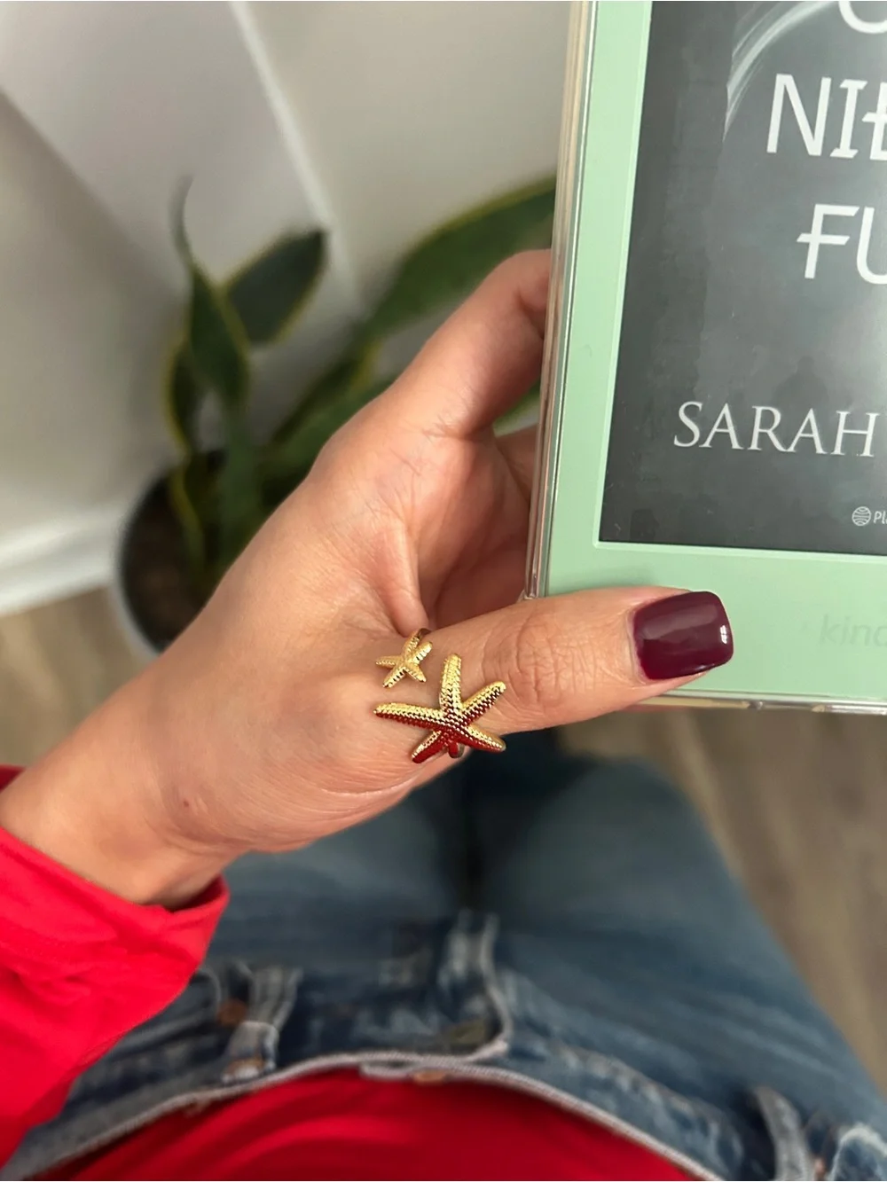 Gold Starfish Adjustable Statement Ring Coastal Beach Jewelry